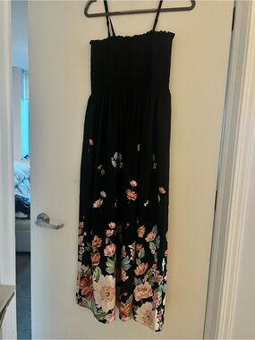 Black Floral Maxi Sundress with Smocked Bodice